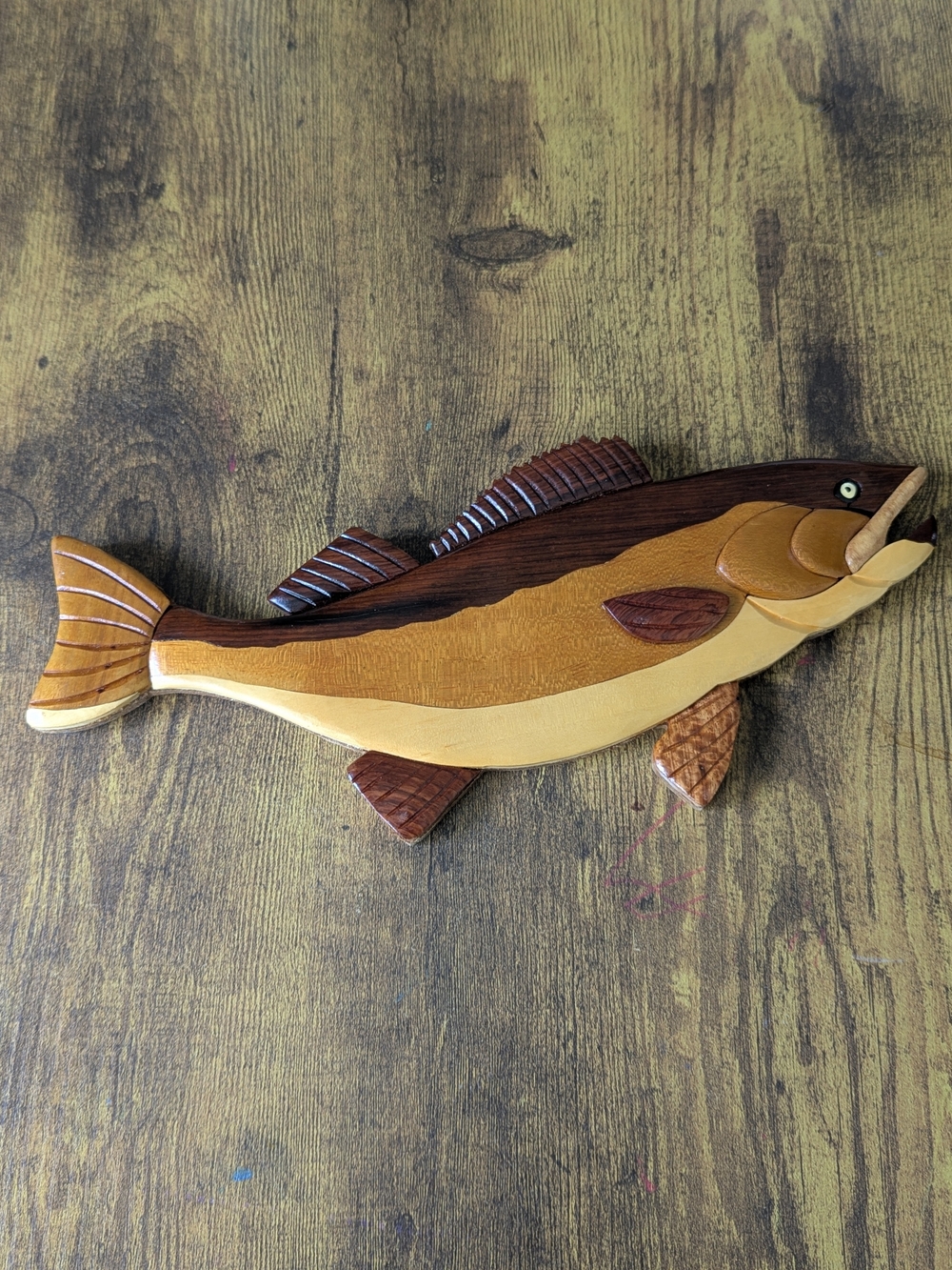 Vintage Intarsia Wood Walleye Fish Wall Art Plaque Bass Cabin Decor